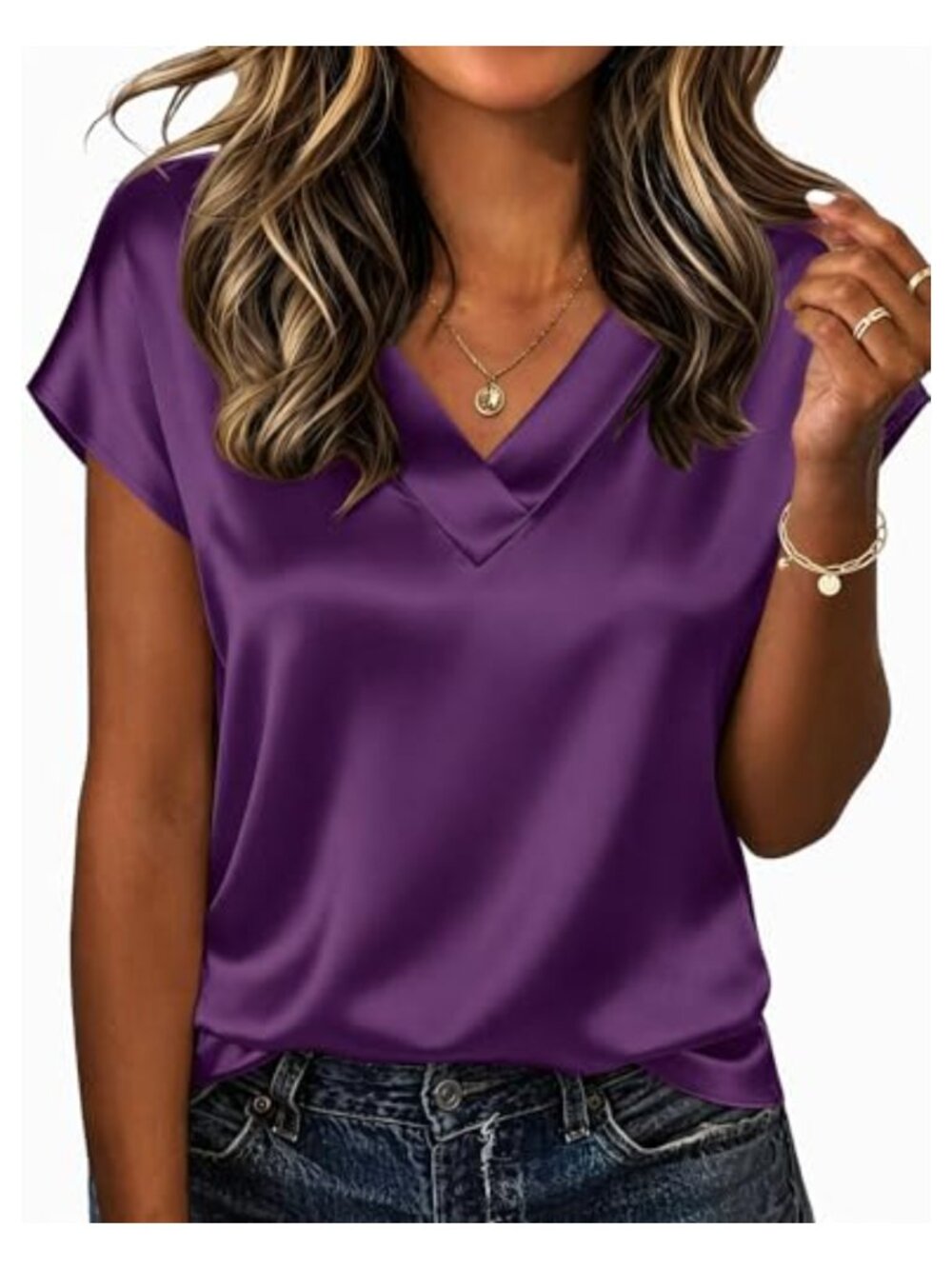 Satin V Neck Short Sleeve Blouse Business Casual Top